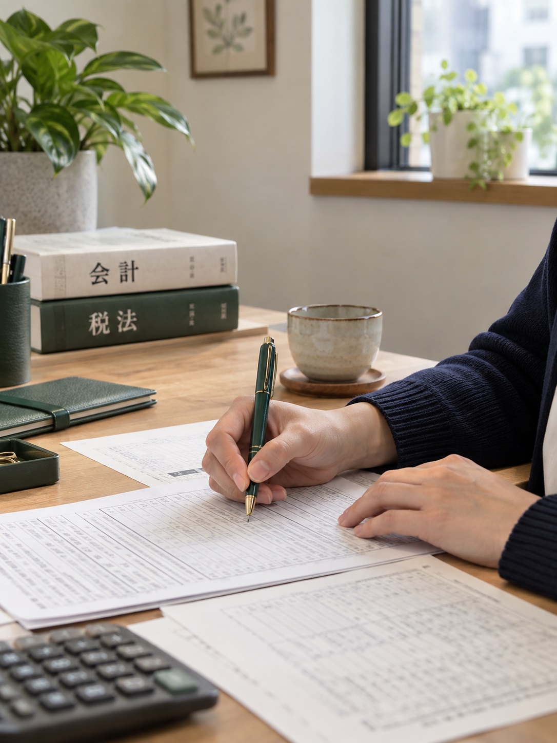 申告書類にペンで記入する手元
