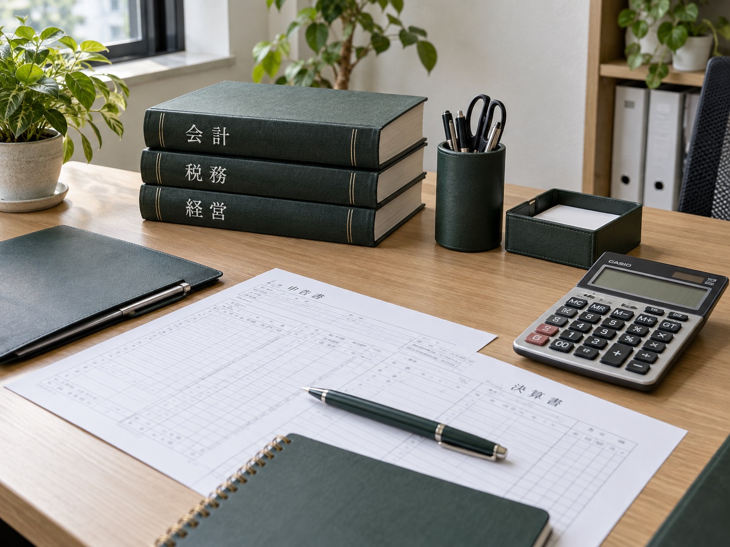 会計・税務・経営の書籍と電卓、申告書類が置かれたデスク