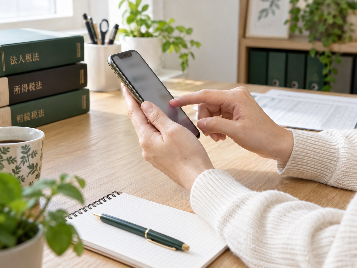 スマートフォンを操作する手元